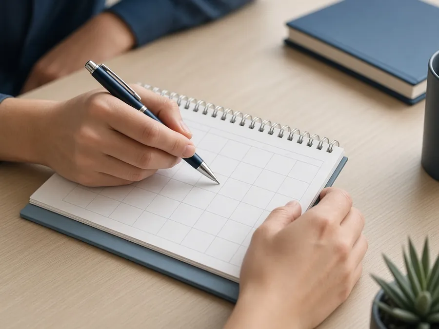 Hands marking a training date on a desk planner calendar