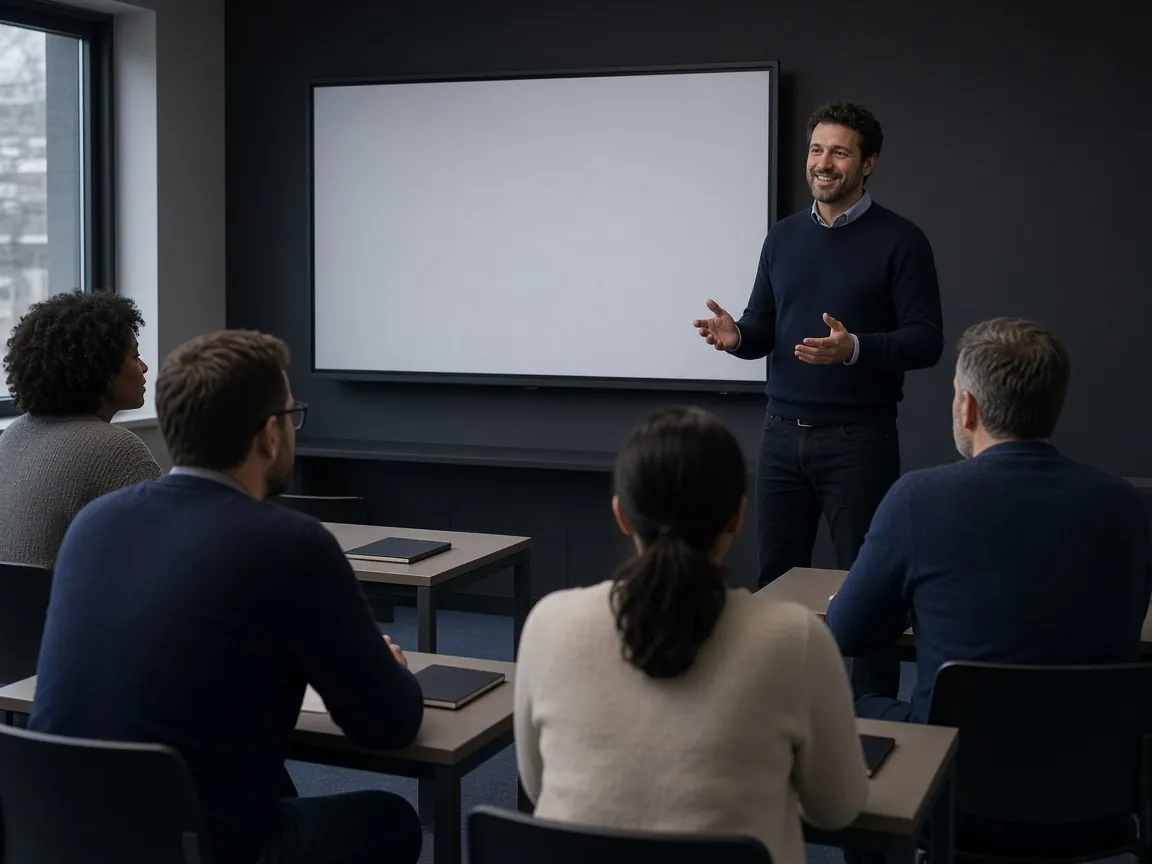 Trainer delivering an accredited classroom training course to adult learners in the UK