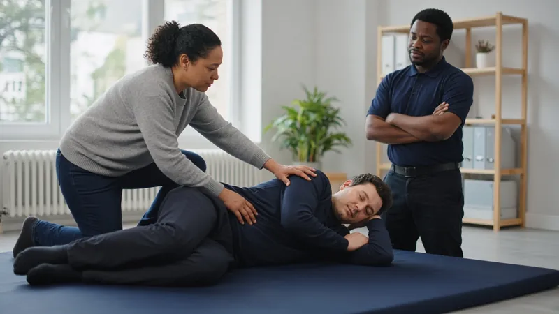 Emergency First Aid at Work — practising the recovery position in a UK training room