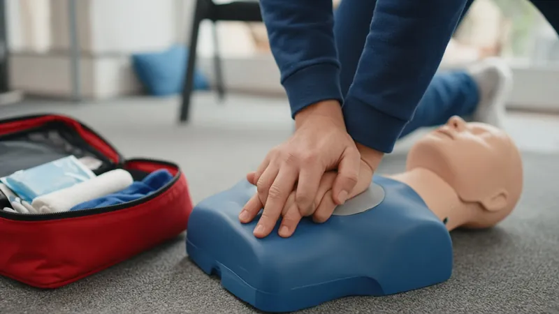 First Aid at Work course — CPR training on a manikin with open first aid kit