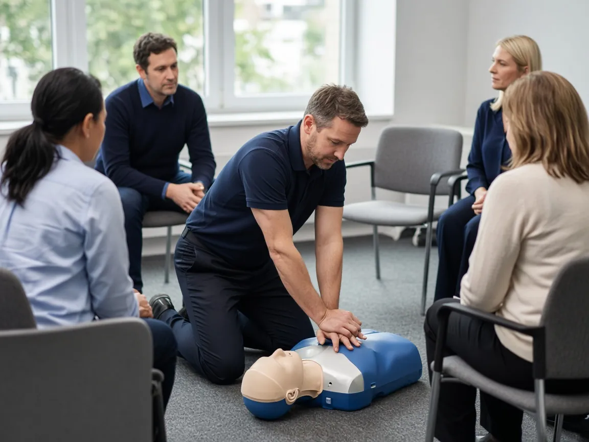 First aid trainer demonstrating CPR chest compressions on a training manikin to a UK workplace group