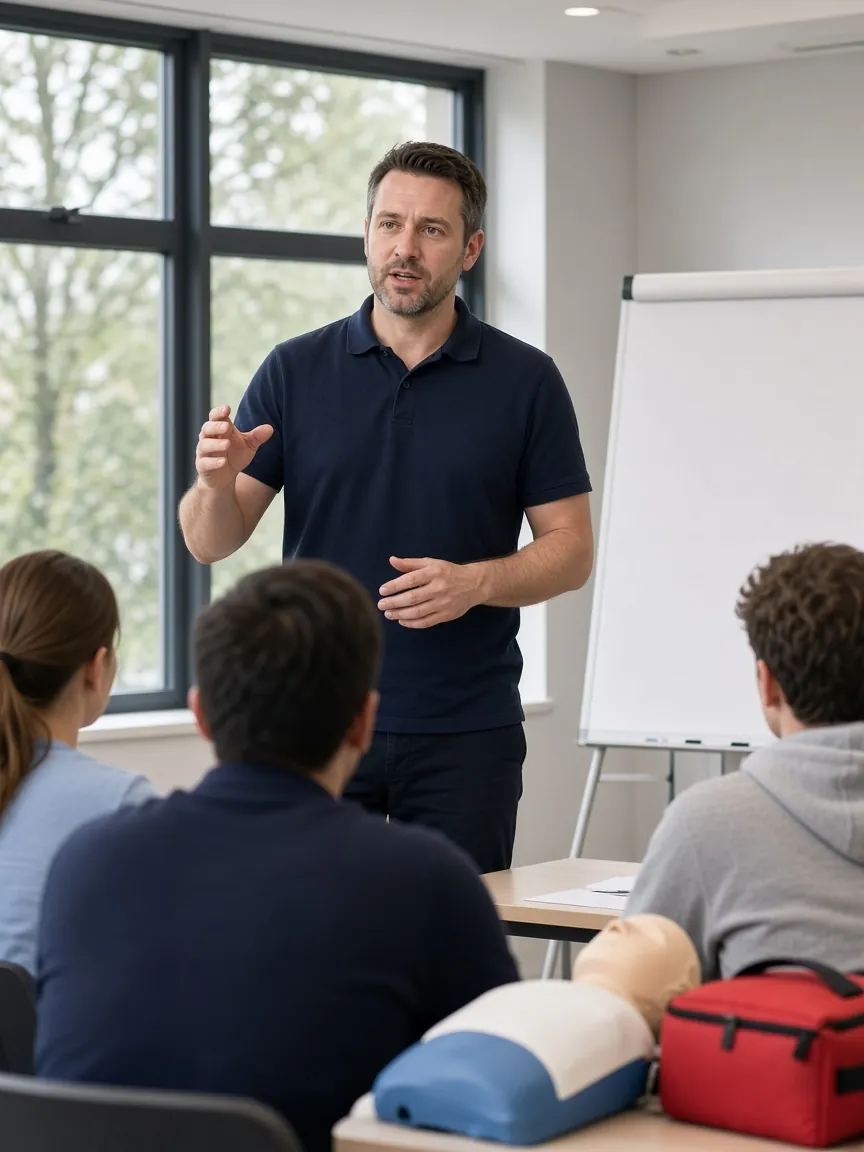 Experienced first aid trainer leading a practical UK classroom session with manikin and first aid kit