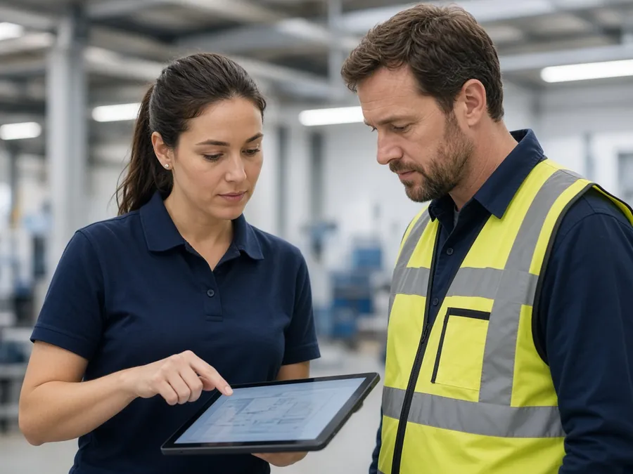 Health and safety colleagues reviewing compliance on a tablet in a modern facility